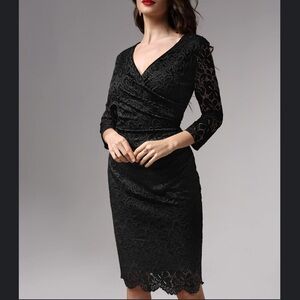 Miusol Black Lace 3/4 Length Sleeve V Neck Crossover Dress Large